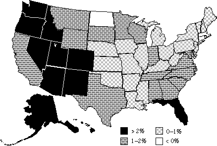 US map showing growth rates by state